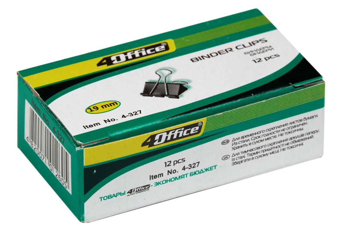 Затискачі для паперів 4OFFICE (4-327), 19 мм., 12 шт. в пачці